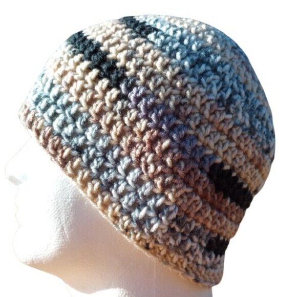 Handmade Other - Men's Skully Beanie Hat Handmade Naturals Striped Crochet Hiking Outdoors L